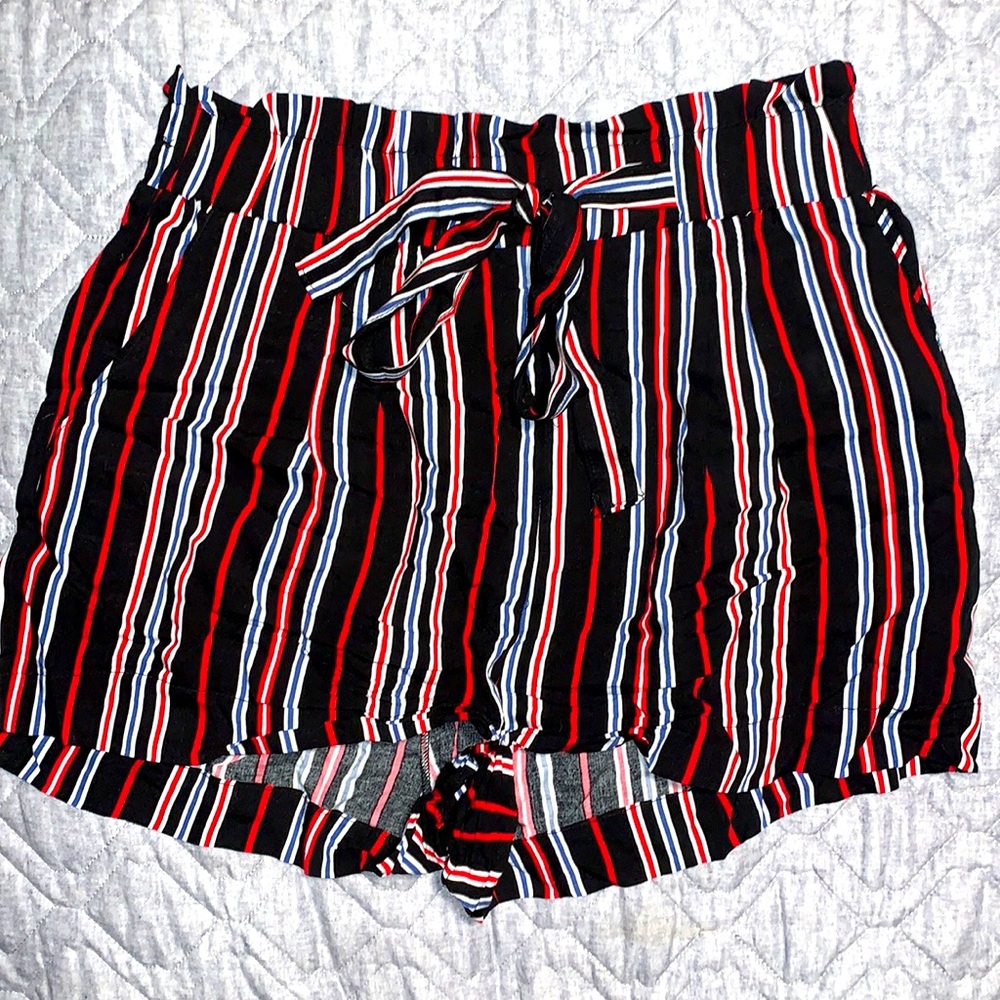 white blue red, & black striped shorts. Elastic band across waist ties, SZ Small